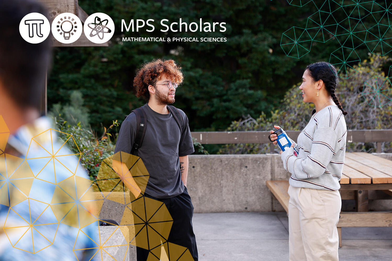 Students chatting on campus with MPS Scholars logo